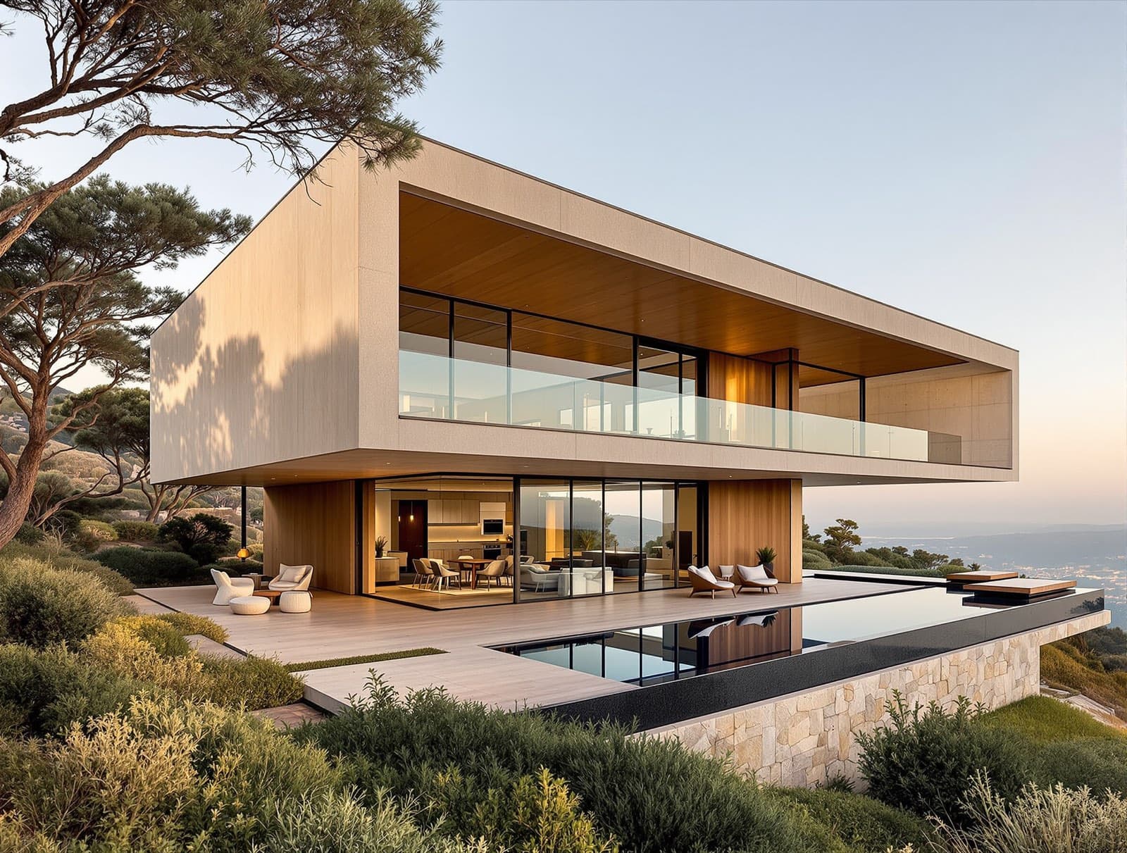 A contemporary villa in the hills near Sintra, its upper floor cantilevered over a stone terrace and an infinity pool